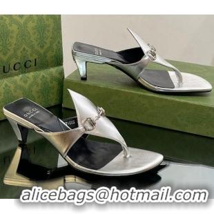 Pretty Style Gucci Horsebit Thong Heel Slide Sandals 5.5cm in Patent Leather 764197 Silver 026116