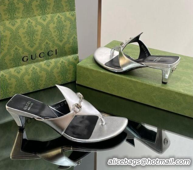 Pretty Style Gucci Horsebit Thong Heel Slide Sandals 5.5cm in Patent Leather 764197 Silver 026116