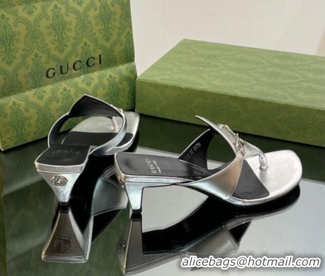 Pretty Style Gucci Horsebit Thong Heel Slide Sandals 5.5cm in Patent Leather 764197 Silver 026116