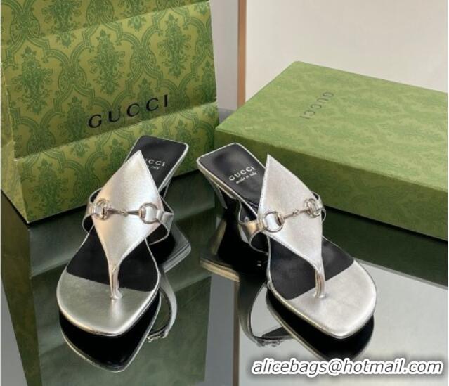 Pretty Style Gucci Horsebit Thong Heel Slide Sandals 5.5cm in Patent Leather 764197 Silver 026116