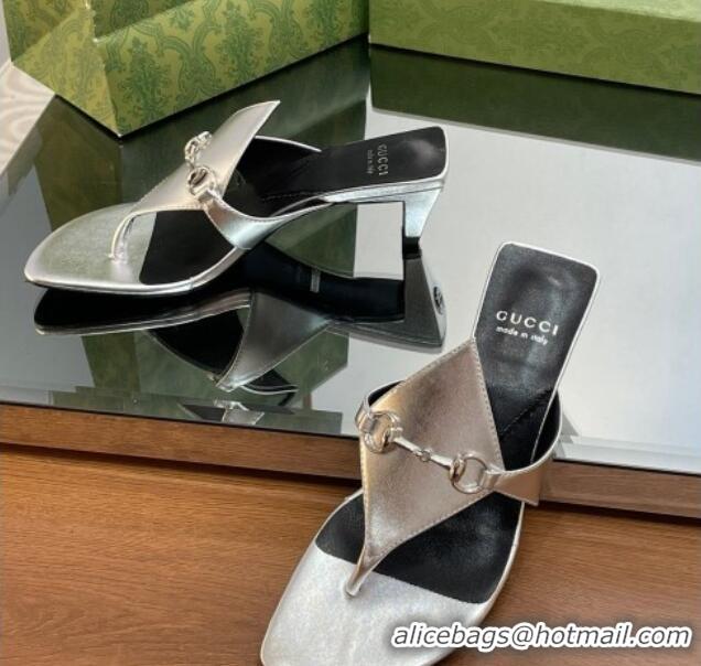 Pretty Style Gucci Horsebit Thong Heel Slide Sandals 5.5cm in Patent Leather 764197 Silver 026116