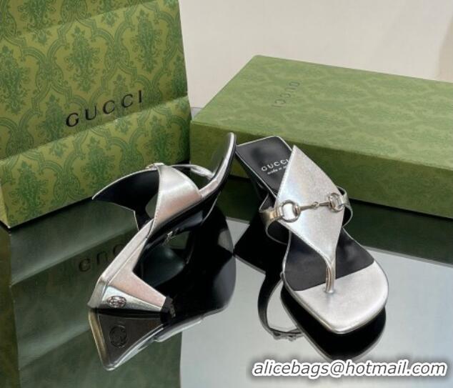 Pretty Style Gucci Horsebit Thong Heel Slide Sandals 5.5cm in Patent Leather 764197 Silver 026116