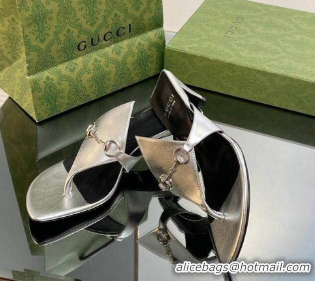 Pretty Style Gucci Horsebit Thong Heel Slide Sandals 5.5cm in Patent Leather 764197 Silver 026116