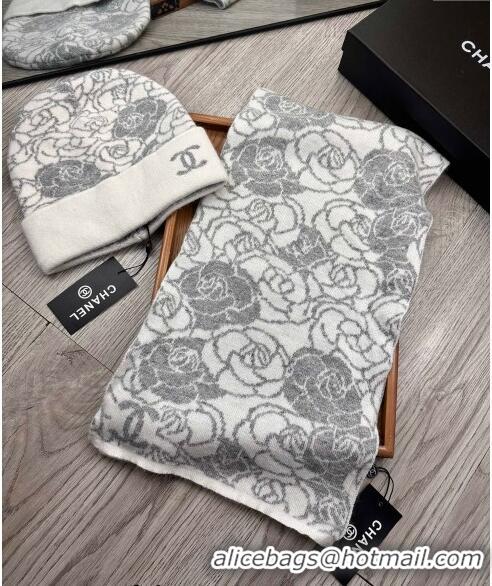 Promotional Chanel Camellia Bloom Wool Knit Hat and Scarf Set 1123 White 2023