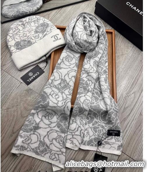 Promotional Chanel Camellia Bloom Wool Knit Hat and Scarf Set 1123 White 2023