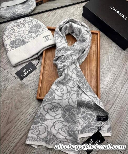 Promotional Chanel Camellia Bloom Wool Knit Hat and Scarf Set 1123 White 2023