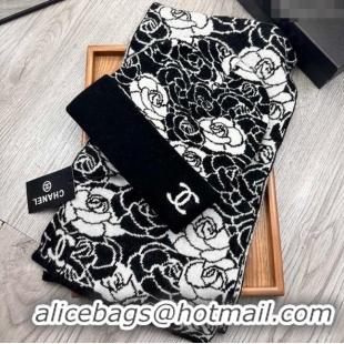 Best Price Chanel Camellia Bloom Wool Knit Hat and Scarf Set 1123 Black 2023