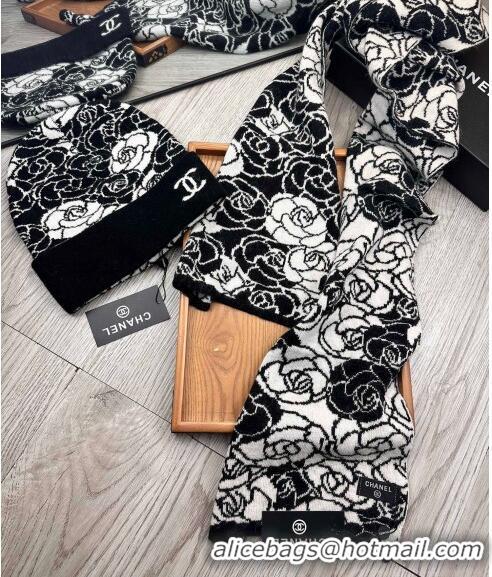 Best Price Chanel Camellia Bloom Wool Knit Hat and Scarf Set 1123 Black 2023