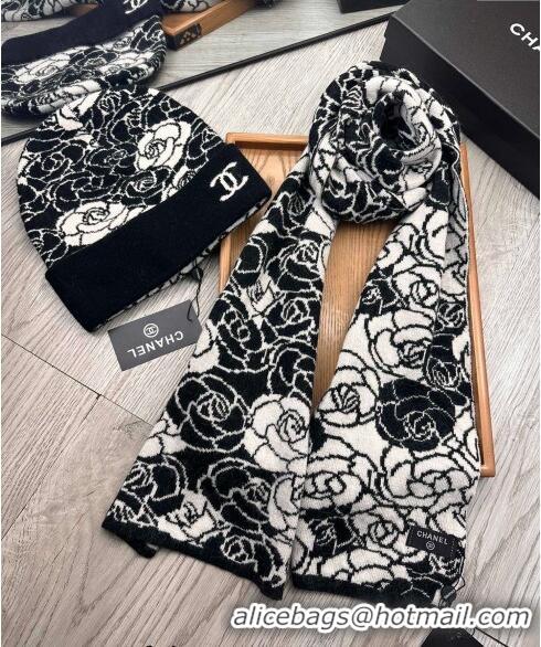 Best Price Chanel Camellia Bloom Wool Knit Hat and Scarf Set 1123 Black 2023