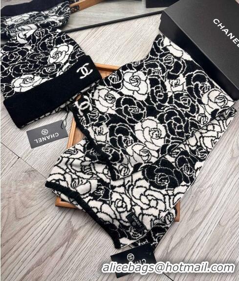 Best Price Chanel Camellia Bloom Wool Knit Hat and Scarf Set 1123 Black 2023