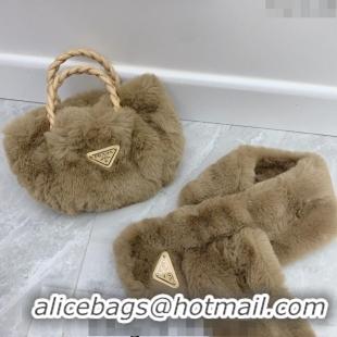 Good Quality Prada Fur Bag and Scarf 1123 Beige 2023