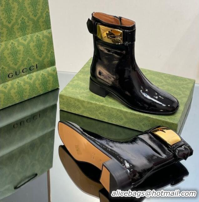 Buy Luxury Gucci Retro G Ankle Boots 3.5cm in Crinkled Patent Leather Black 103115