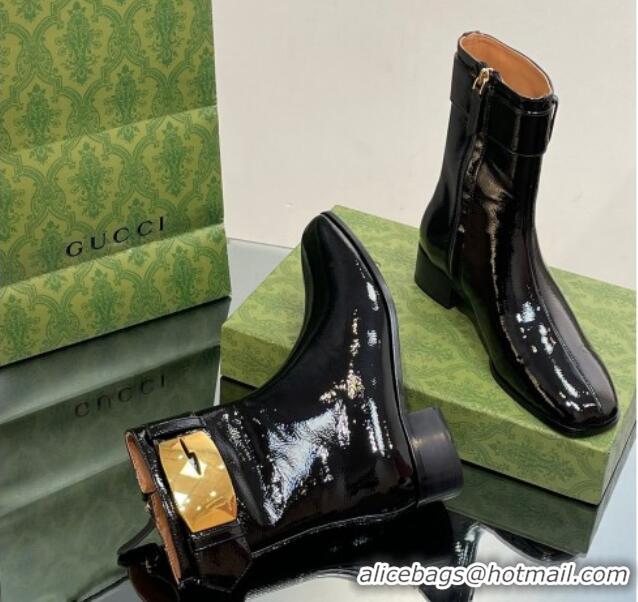 Buy Luxury Gucci Retro G Ankle Boots 3.5cm in Crinkled Patent Leather Black 103115