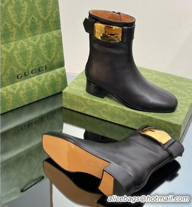 Purchase Gucci Retro G Ankle Boots 3.5cm in Leather Black/Gold 103116