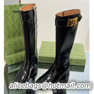 Grade Quality Gucci Retro G High Boots 3.5cm in Crinkled Patent Leather Black 103117