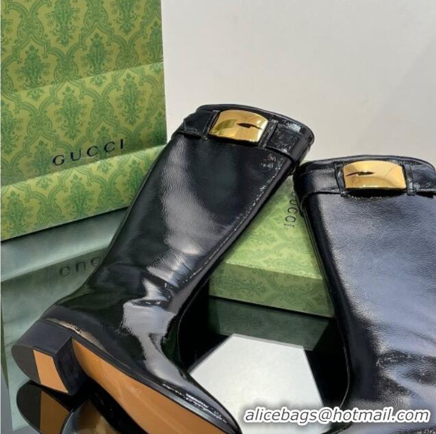 Grade Quality Gucci Retro G High Boots 3.5cm in Crinkled Patent Leather Black 103117