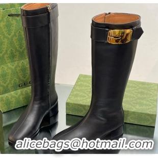 Good Quality Gucci Retro G High Boots 3.5cm in Leather Black/Gold 103118