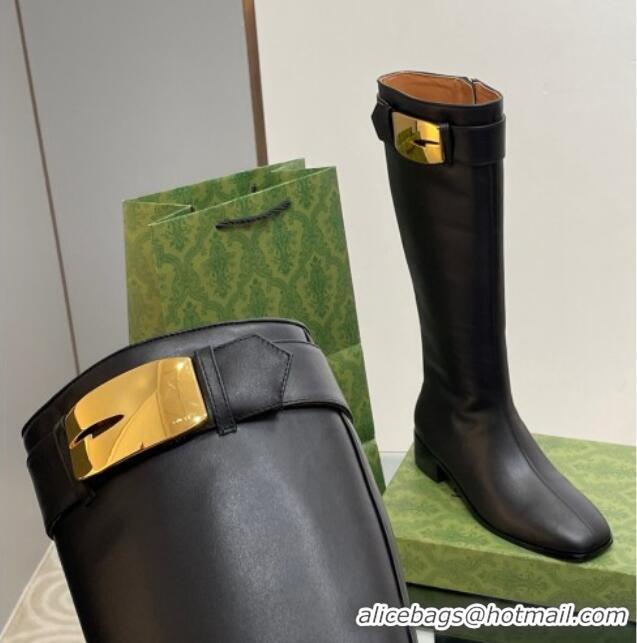 Good Quality Gucci Retro G High Boots 3.5cm in Leather Black/Gold 103118