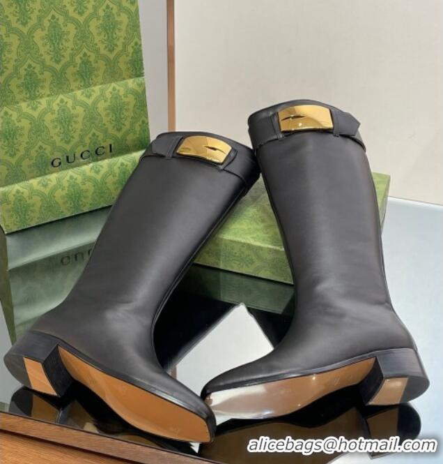 Good Quality Gucci Retro G High Boots 3.5cm in Leather Black/Gold 103118