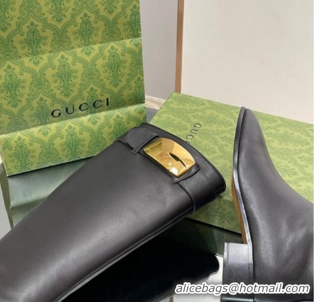 Good Quality Gucci Retro G High Boots 3.5cm in Leather Black/Gold 103118