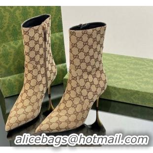 Buy Discount Gucci Metal-Tone Heel Ankle Boots 8.5cm in GG Canvas Beige 103121