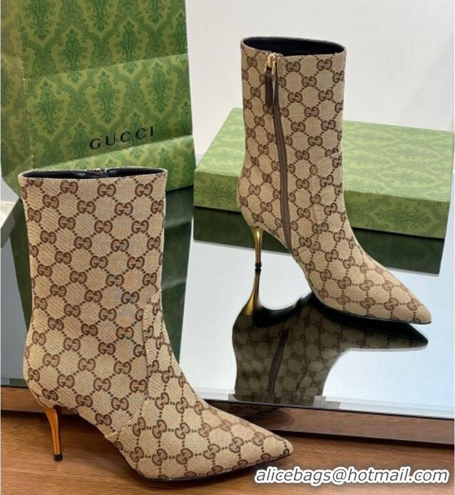 Buy Discount Gucci Metal-Tone Heel Ankle Boots 8.5cm in GG Canvas Beige 103121