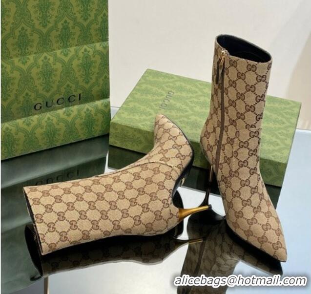 Buy Discount Gucci Metal-Tone Heel Ankle Boots 8.5cm in GG Canvas Beige 103121