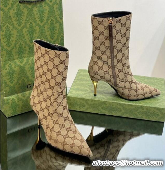 Buy Discount Gucci Metal-Tone Heel Ankle Boots 8.5cm in GG Canvas Beige 103121