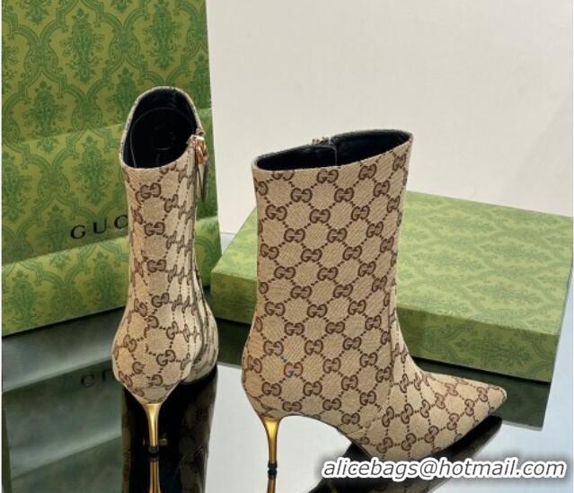 Buy Discount Gucci Metal-Tone Heel Ankle Boots 8.5cm in GG Canvas Beige 103121