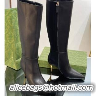 Best Price Gucci Metal-Tone Heel High Boots 8.5cm in Black Leather 103122