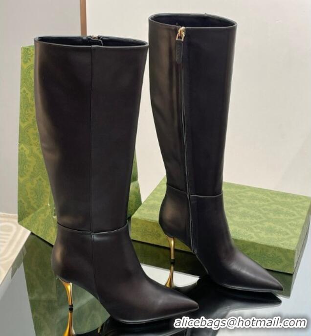 Best Price Gucci Metal-Tone Heel High Boots 8.5cm in Black Leather 103122