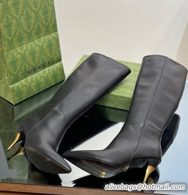 Best Price Gucci Metal-Tone Heel High Boots 8.5cm in Black Leather 103122