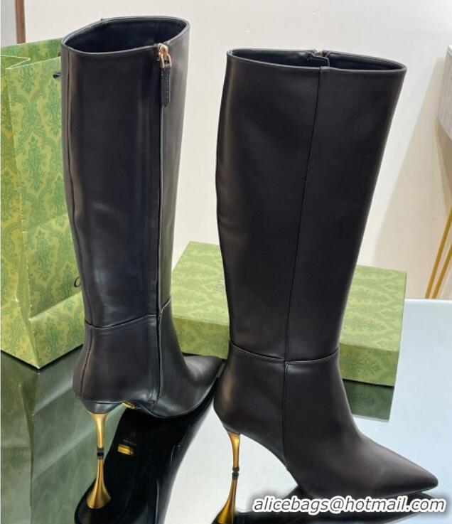 Best Price Gucci Metal-Tone Heel High Boots 8.5cm in Black Leather 103122