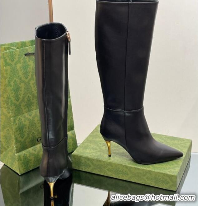 Best Price Gucci Metal-Tone Heel High Boots 8.5cm in Black Leather 103122