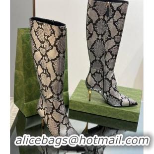 Top Design Gucci Metal-Tone Heel High Boots 8.5cm in Metallic Snakeskin-Like Leather 103123