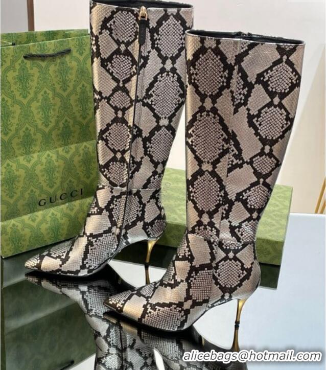 Top Design Gucci Metal-Tone Heel High Boots 8.5cm in Metallic Snakeskin-Like Leather 103123