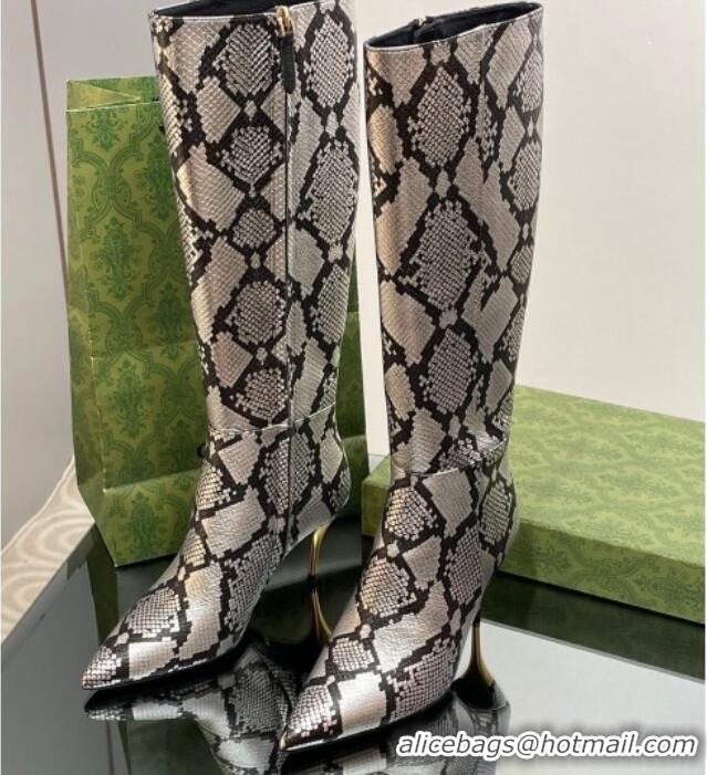 Top Design Gucci Metal-Tone Heel High Boots 8.5cm in Metallic Snakeskin-Like Leather 103123