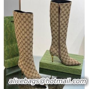 Pretty Style Gucci Metal-Tone Heel High Boots 8.5cm in GG Canvas Beige 1103124