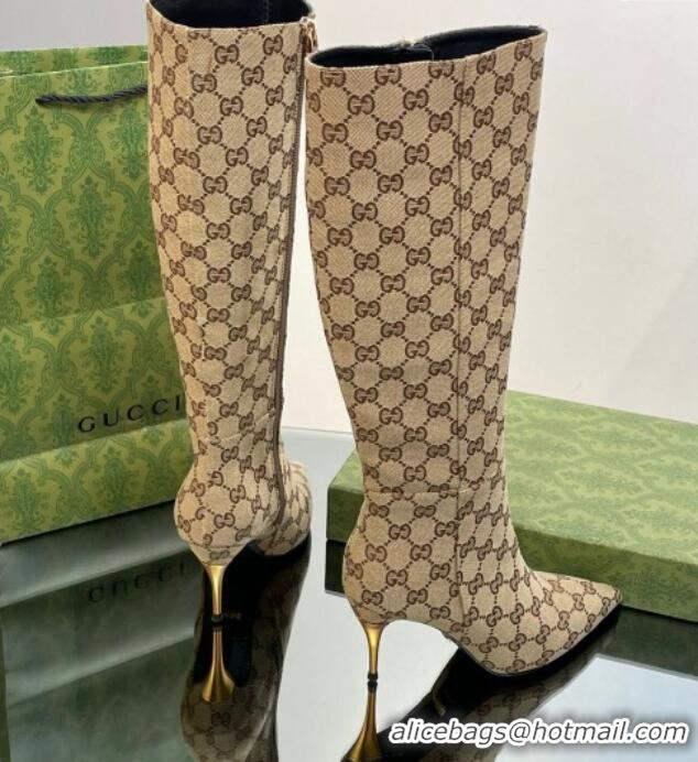 Pretty Style Gucci Metal-Tone Heel High Boots 8.5cm in GG Canvas Beige 1103124