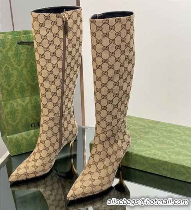 Pretty Style Gucci Metal-Tone Heel High Boots 8.5cm in GG Canvas Beige 1103124