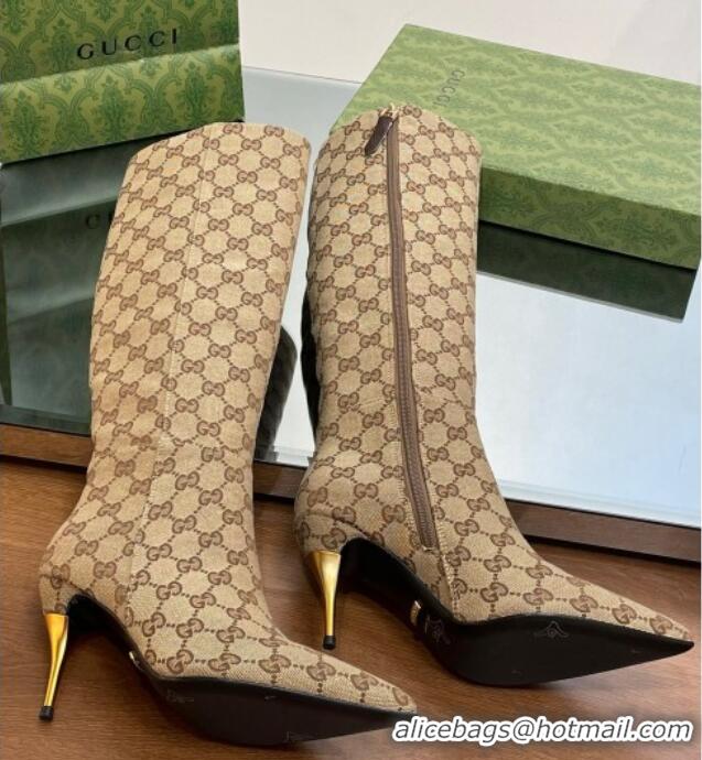 Pretty Style Gucci Metal-Tone Heel High Boots 8.5cm in GG Canvas Beige 1103124