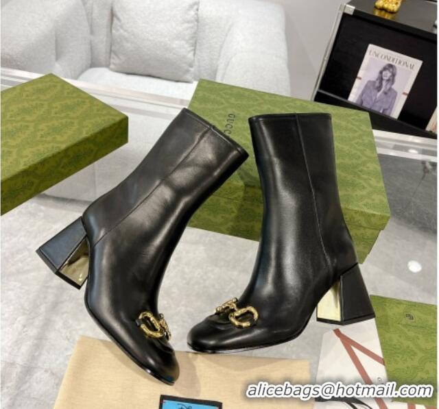 Buy New Cheap Gucci Leather Horsebit Heel Ankle Boots Black 106019