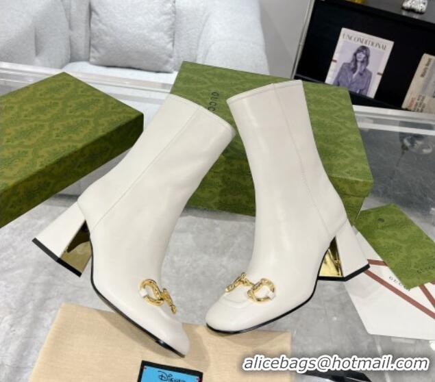 Good Looking Gucci Leather Horsebit Heel Ankle Boots White 106020