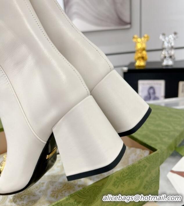 Good Looking Gucci Leather Horsebit Heel Ankle Boots White 106020