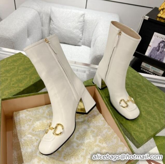 Good Looking Gucci Leather Horsebit Heel Ankle Boots White 106020