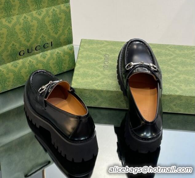 Shop Duplicate Gucci Brushed Leather Loafers with Horsebit 4.5cm Black 106023