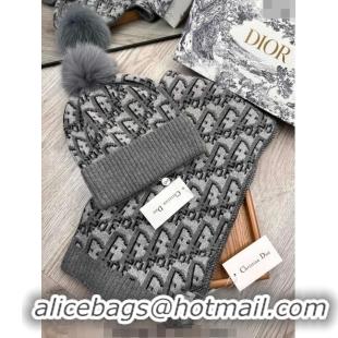 Best Price Dior Oblique Knit Hat and Scarf Set CD1123 Grey 2023