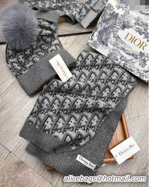 Best Price Dior Oblique Knit Hat and Scarf Set CD1123 Grey 2023