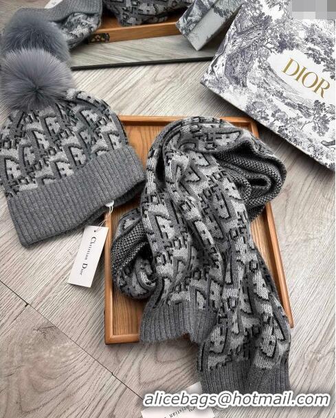 Best Price Dior Oblique Knit Hat and Scarf Set CD1123 Grey 2023