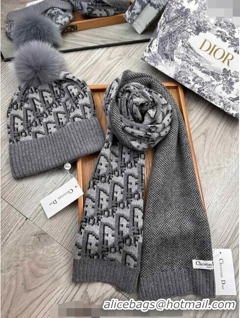 Best Price Dior Oblique Knit Hat and Scarf Set CD1123 Grey 2023